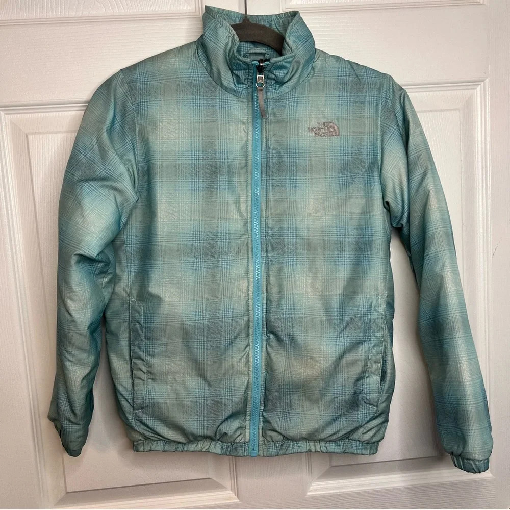The North Face Girl Puffer Jacket Blue Green Gray Plaid Full Zip Size Medium GUC